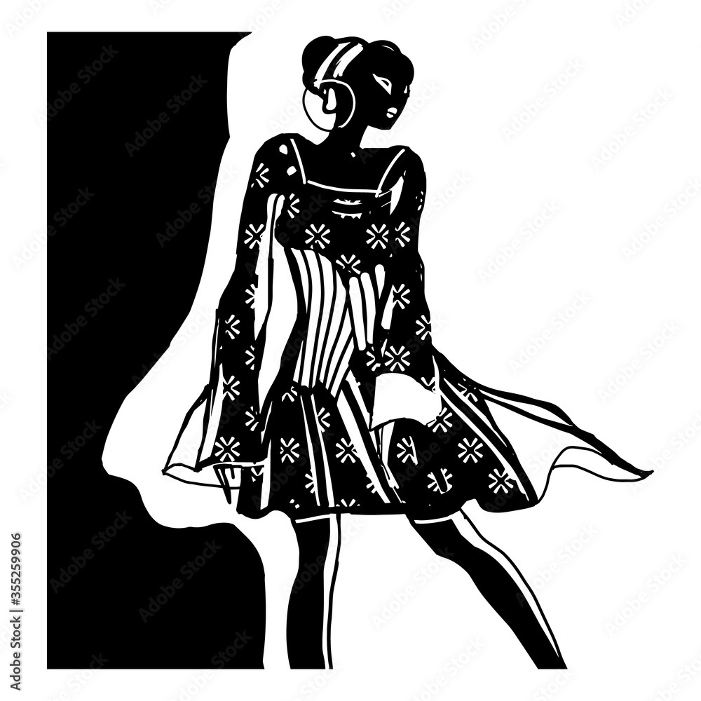 Black and white retro fashion model with fashionable dress. Drawn in sketch style. Vector illustration