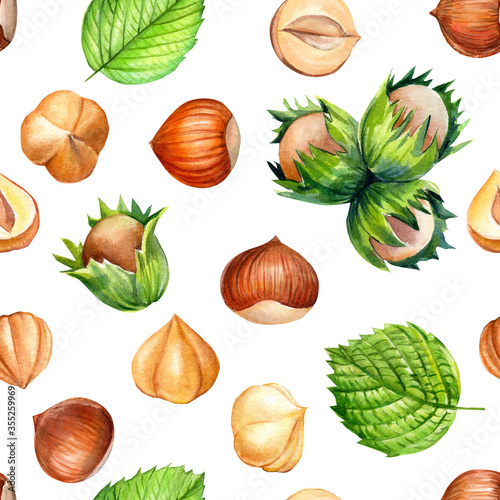Seamless pattern of hazelnuts, watercolor drawing