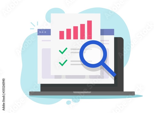 Financial audit research online on laptop computer or web analysis or analytics digital report vector flat, concept of accounting or sales finance market statistic inspection, quality evaluation