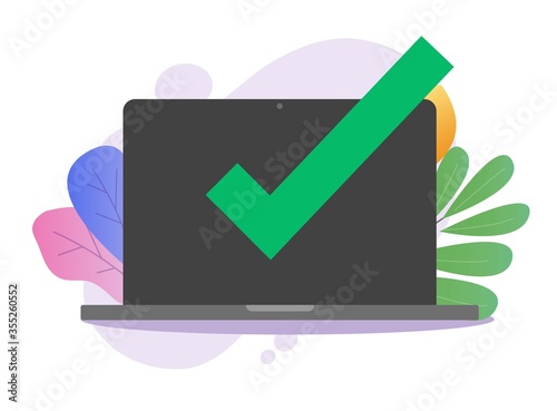 Confirm notice message check mark on computer laptop with or pc with approved checkmark notification vector flat cartoon illustration isolated, screen with online tick note or updated task colorful