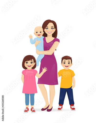 Young woman mother and her kids daughter  son and newborn baby standing vector illustration isolated