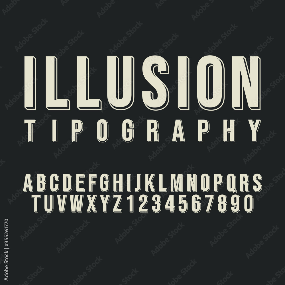 Typography Illusion Alphabet Style. Decorative Typeset Modern Font. Letters and Numbers Design Set.