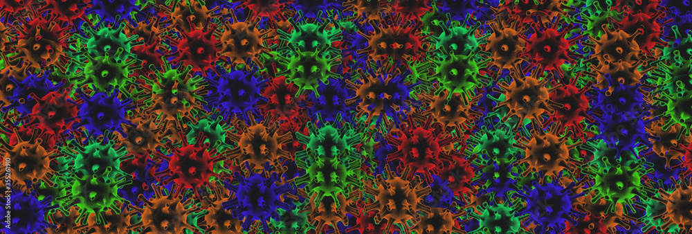 Multicolored particles of coronavirus COVID 19 Background 3d rendering. High quality 3d illustration