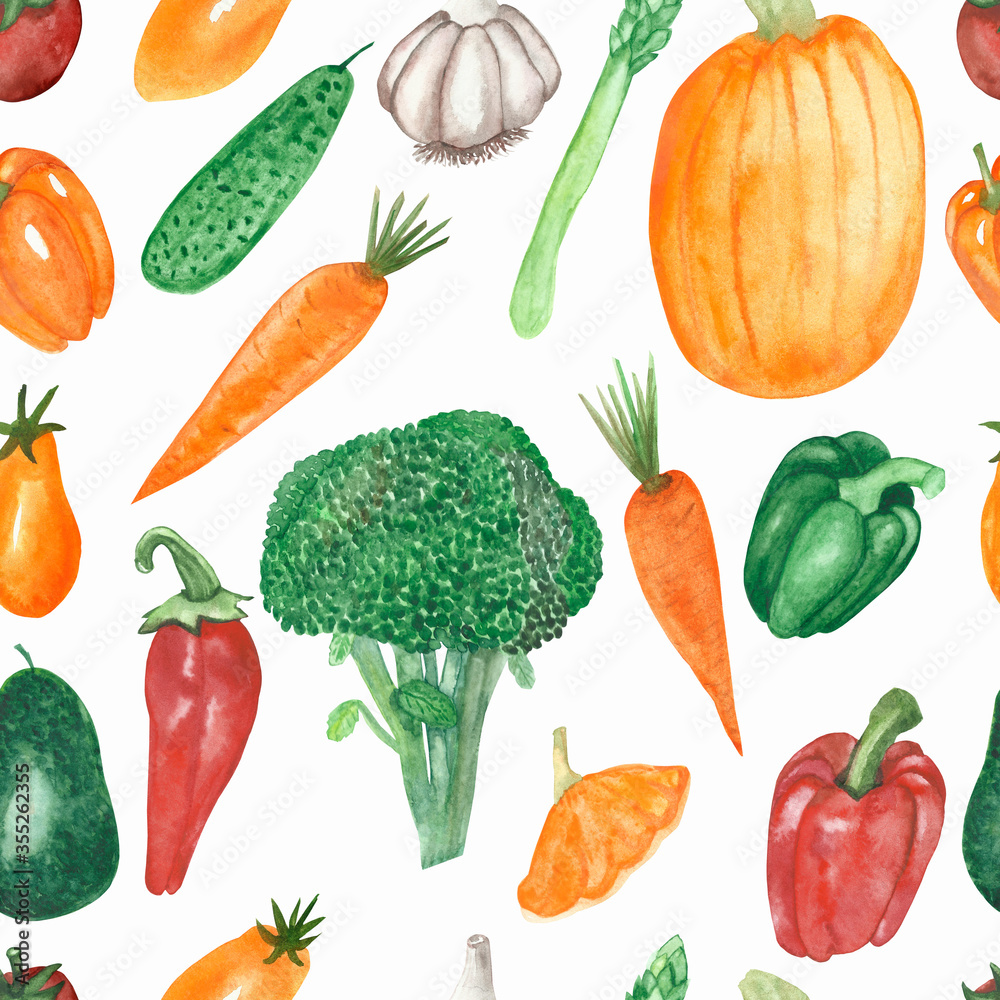 Watercolor hand painted nature garden plants seamless pattern with orange carrot, pumpkin, tomato, red bell, chili pepper, green broccoli, asparagus, avocado vegetable isolated on the white background Watercolor hand painted nature garden plants seamless pattern with orange carrot, pumpkin, tomato, red bell, chili pepper, green broccoli, asparagus, avocado vegetable isolated on the white background