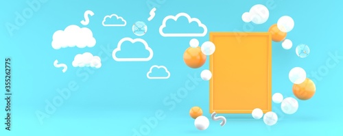 Orange frame and balloon floating on a blue backdrop.