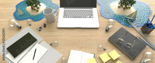 Work desk with laptop and sea view 3d render.