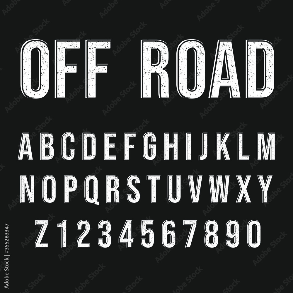 Off Road Adventure Style. Decorative Modern Font. Letters and Numbers Design Set.