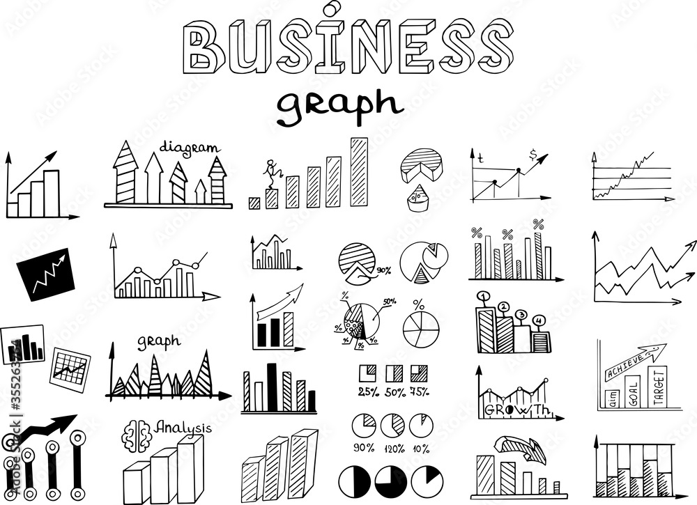 Business arrow bubble set sketch vector ink doodle. It include icons: Graph, diagram, sector, growth, fall, approximation, statistics. Vector hand drawing illustration.