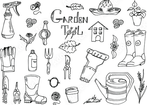 A set of garden tools items. Everything for gardening. Doodling drawing. Linear manual drawing. Vector graphics