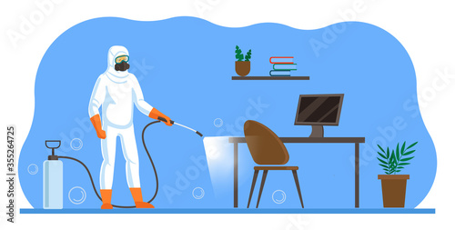 Cleaning service worker in respirator disinfect the surface. The sanitation of office. Measures to prevent coronavirus infection among employees. 