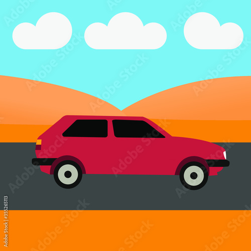 Fototapeta Naklejka Na Ścianę i Meble -  red hatchback car in the desert scenery. vector graphic.