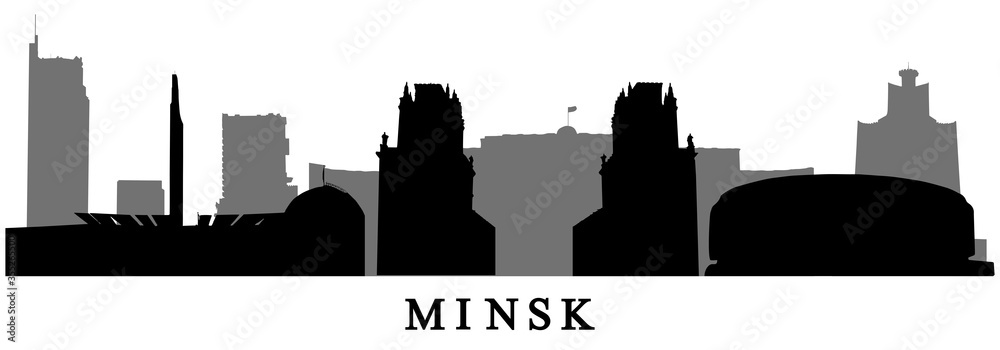 Minsk in Belarus, silhouettes of landmarks (Obelisk Stella and museum, Minsk arena, Minsk gates and etc.). Vector illustration.