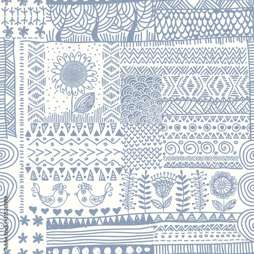 Vector abstract seamless doodle pattern. Blue white hand drawn patchwork. Ethnic collage for ceramic tile, wallpaper, wrapping paper, card, cover, textile, web page background