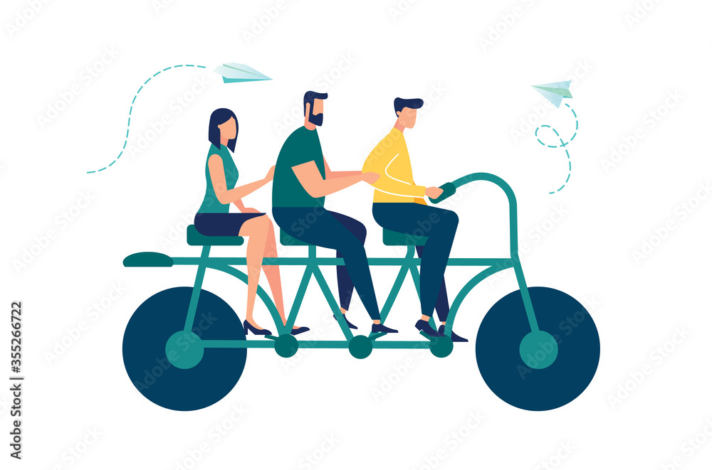Vector illustration of people go team n the bike to his goal, to move up the motivation Path to the goal