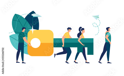 Vector illustration of the concept of teamwork. Businessman and entrepreneur go to the door with a key