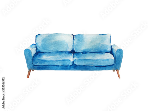 Soft and cozy sofa in bright colors for a comfortable stay. Watercolor image isolated on a white background.