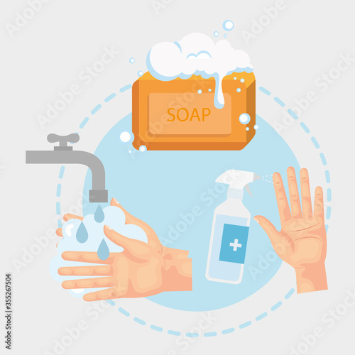 Hands sanitizer bottle and soap bar vector design