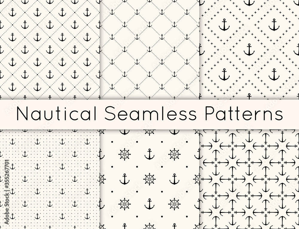 Set of 6 vector seamless geometric pattern with anchors, steering wheel and polka dot. Nautical background in minimalistic style. Vintage maritime backdrop for texture, paper, card, textile.