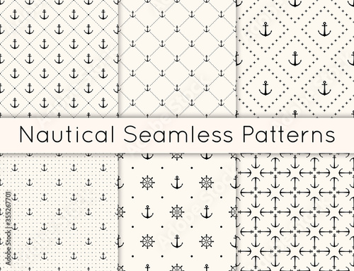 Set of 6 vector seamless geometric pattern with anchors, steering wheel and polka dot. Nautical background in minimalistic style. Vintage maritime backdrop for texture, paper, card, textile. photo