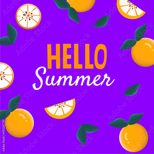 Creative banner decorated with hand drawn oranges. Colorful purple background with Hello Summer inscription. Natural backdrop with a place for text. Vector illustration for social media.