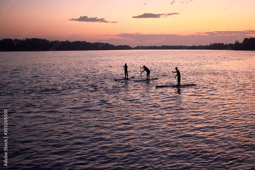 Stand up paddle boarders (SUP) silhouettes on the calm water of the Danube river at dusk in the springtime