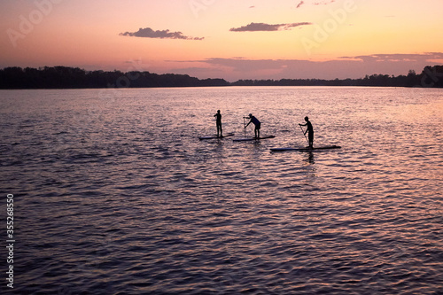 Stand up paddle boarders (SUP) silhouettes on the calm water of the Danube river at dusk in the springtime