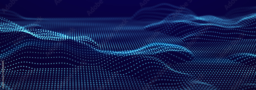 Naklejka premium Digital wave of glowing particles. Technology and science. Futuristic backdrop for design, presentation, wallpaper. 3D