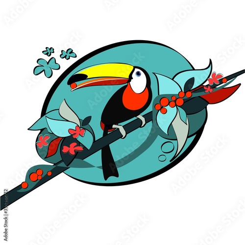 Logo with the Toucan Keel Billed on an oval background. Exotic colour bird. Trendy hand-drawn cartoon vector flat illustration.