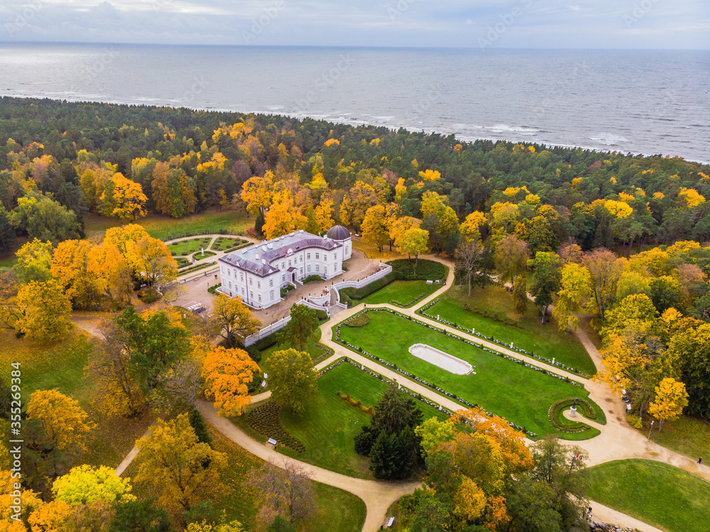 Aerial view of Palanga Amber museum and Tiskevicius park in Palanga, Lithuania