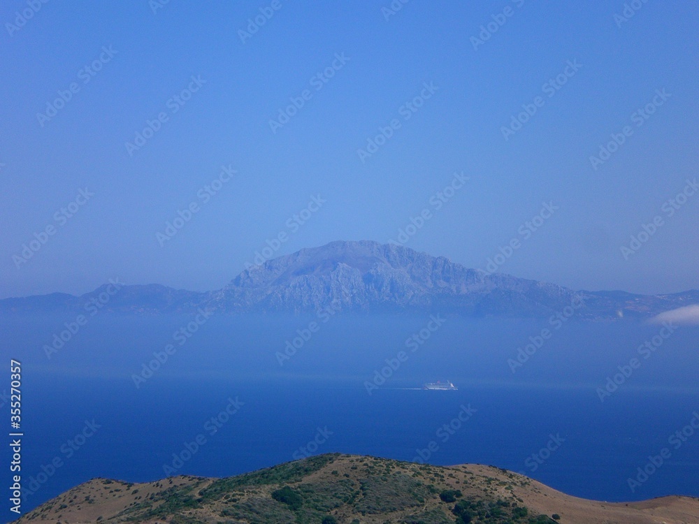 Straight of Gibraltar on a sunny, clear day. Rif Mountains of Northern Africa, one of 