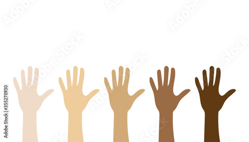 Stop racism. Human hands up in different skins colors. Black lives matter. Vector illustration.