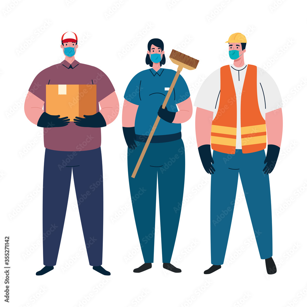 Female cleaner constructer and delivery man with masks vector design