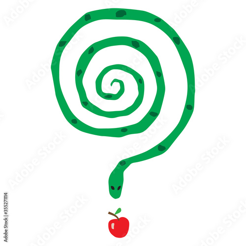 Question mark as maze shaped serpent and apple. Metaphor for knowledge. Creative concept.