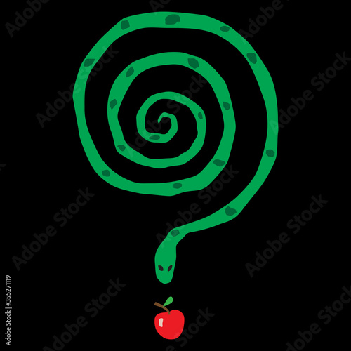 Question mark as maze shaped serpent and apple. Metaphor for knowledge. Creative concept.