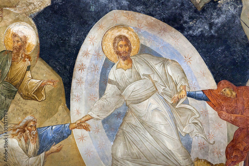 Anastasis fresco in the Church of the Holy Saviour in Chora, Kariye Camii in Istanbul, Turkey. Jesus pulling Adam and Eve from their graves.