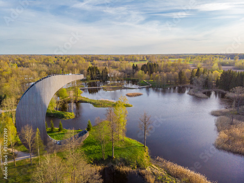 Fototapeta Naklejka Na Ścianę i Meble -  Moon shape observation tower among lakes of natural collapses in Kirkilai, Lithuania