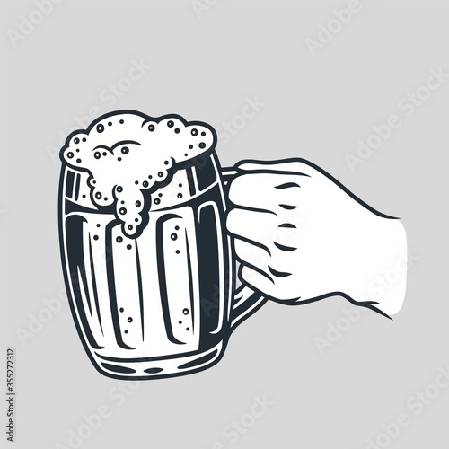 Craft beer mug with foam. Pint in hand