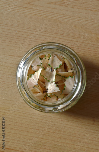 Pencil shavings in a glass jar