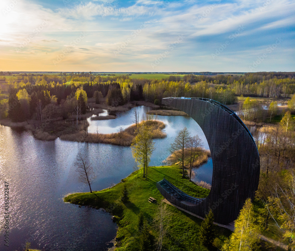 Moon shape observation tower among lakes of natural collapses in Kirkilai, Lithuania