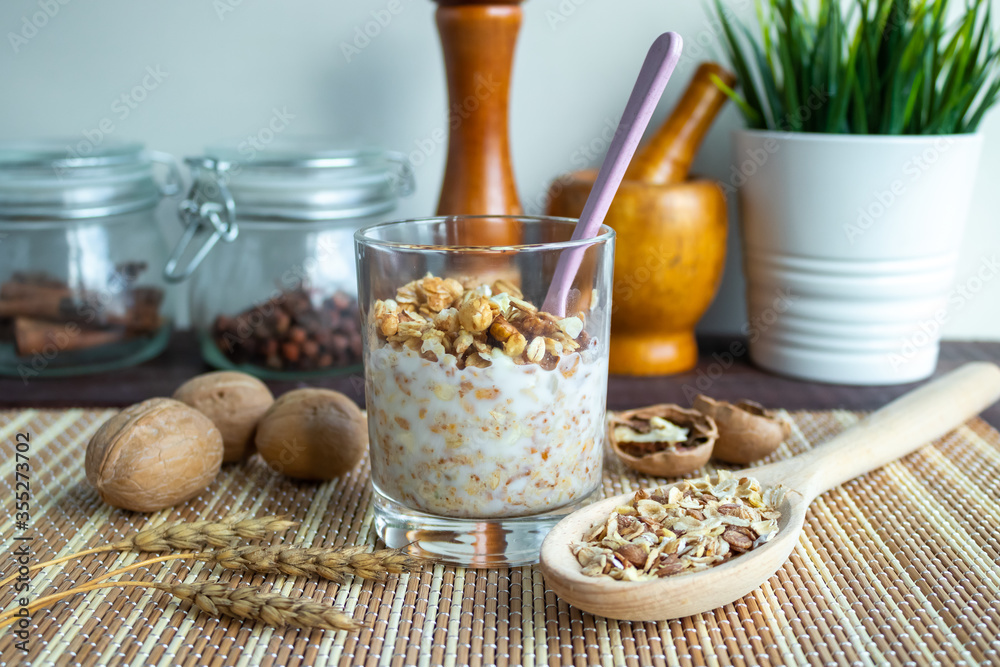 Healthy lifestyle. Muesli with nuts in a glass Healthy lifestyle. Muesli with nuts in a glass
