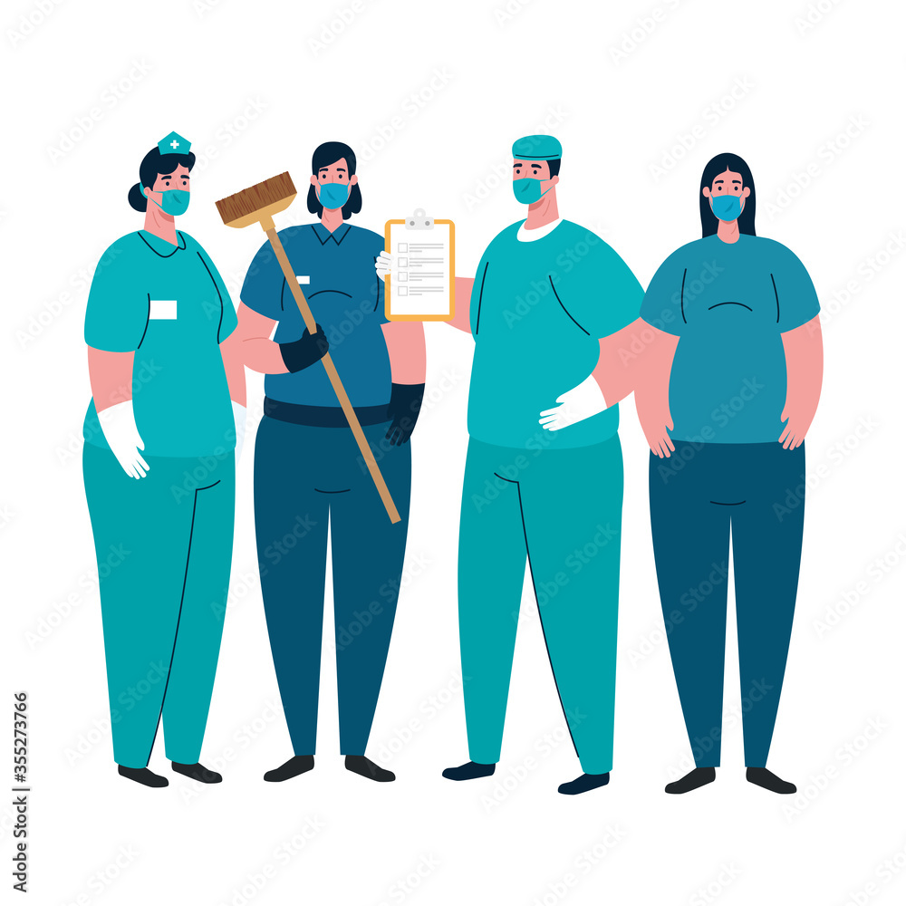 Female cleaner nurse and doctors with masks vector design Female cleaner nurse and doctors with masks vector design