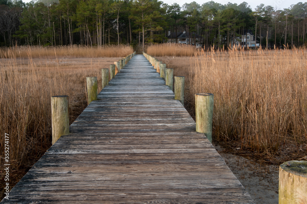 Rustic pier over brown marsh grasses in early spring.