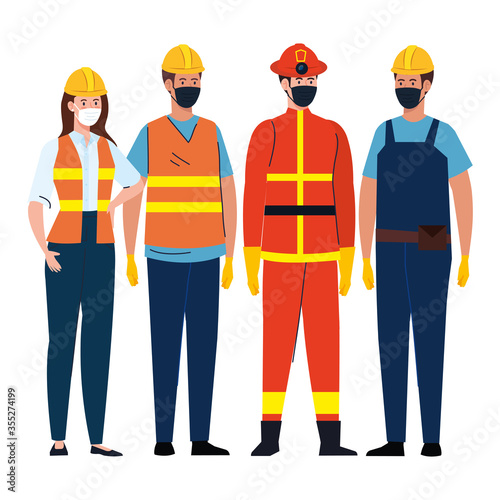 Female and male constructers and firefighter with masks vector design
