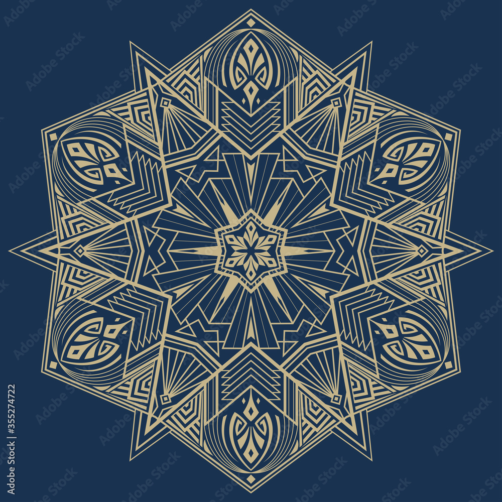 Art deco luxury ornamental mandala design background in a gold color. Layout with carved openwork pattern. Isolated decorative element for card design, t-shirt print, ceramic tile