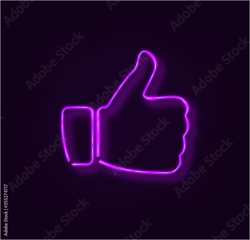 Neon Blue Thumb Up, on brick wall. Vector illustration.