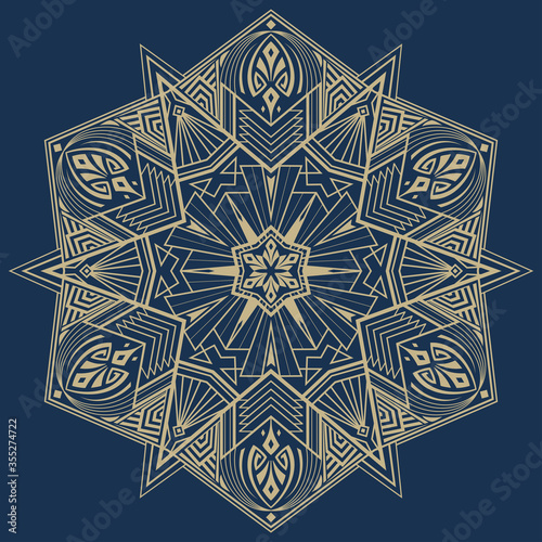 Art deco luxury ornamental mandala design background in a gold color. Layout with carved openwork pattern. Isolated decorative element for card design, t-shirt print, ceramic tile