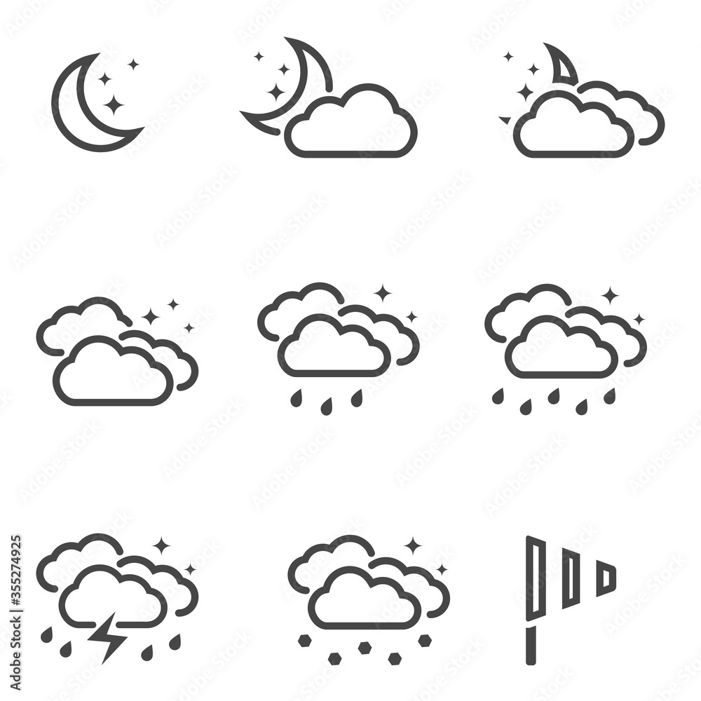 Weather at night icons set black outline simple symbols isolated on white background. Weather at night icons set black outline simple symbols isolated on white background.