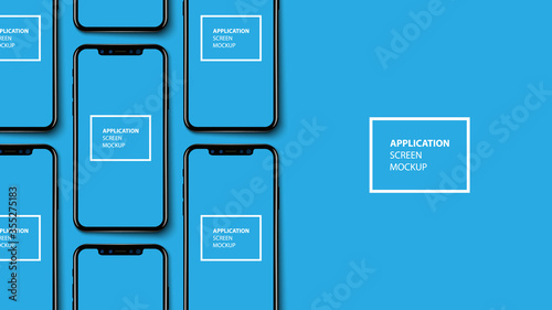 Smartphone application screen mockup on blue baclground, vector illustration