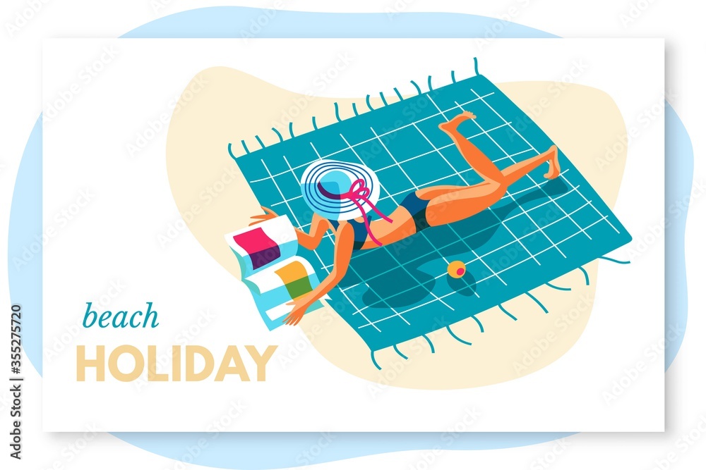 Woman rest on seacoast beach holiday lettering Woman rest on seacoast beach holiday lettering