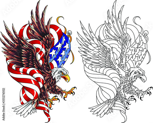 Stylized drawing american eagle with usa flag. Vector illustration in the style of military tattoos.